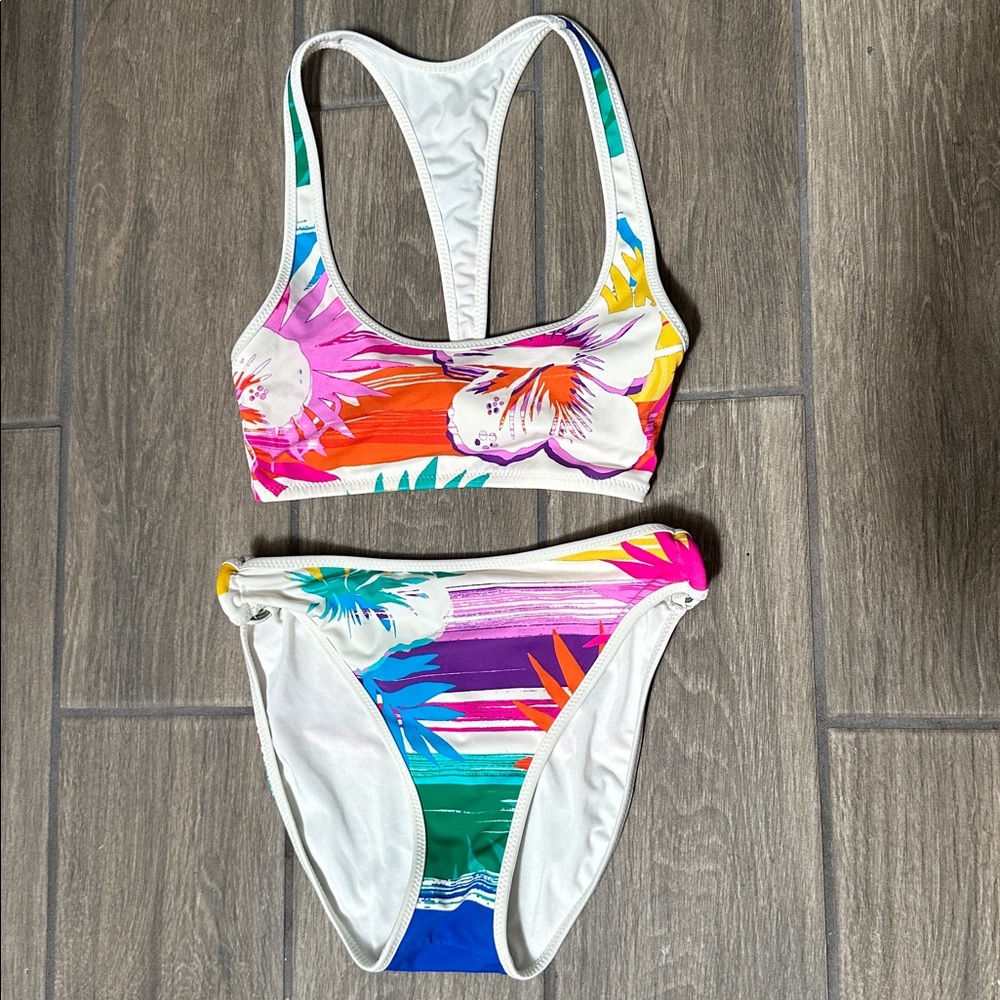 Coco Rave womens size XS swimsuit. 2 piece. White with colorful sunset.